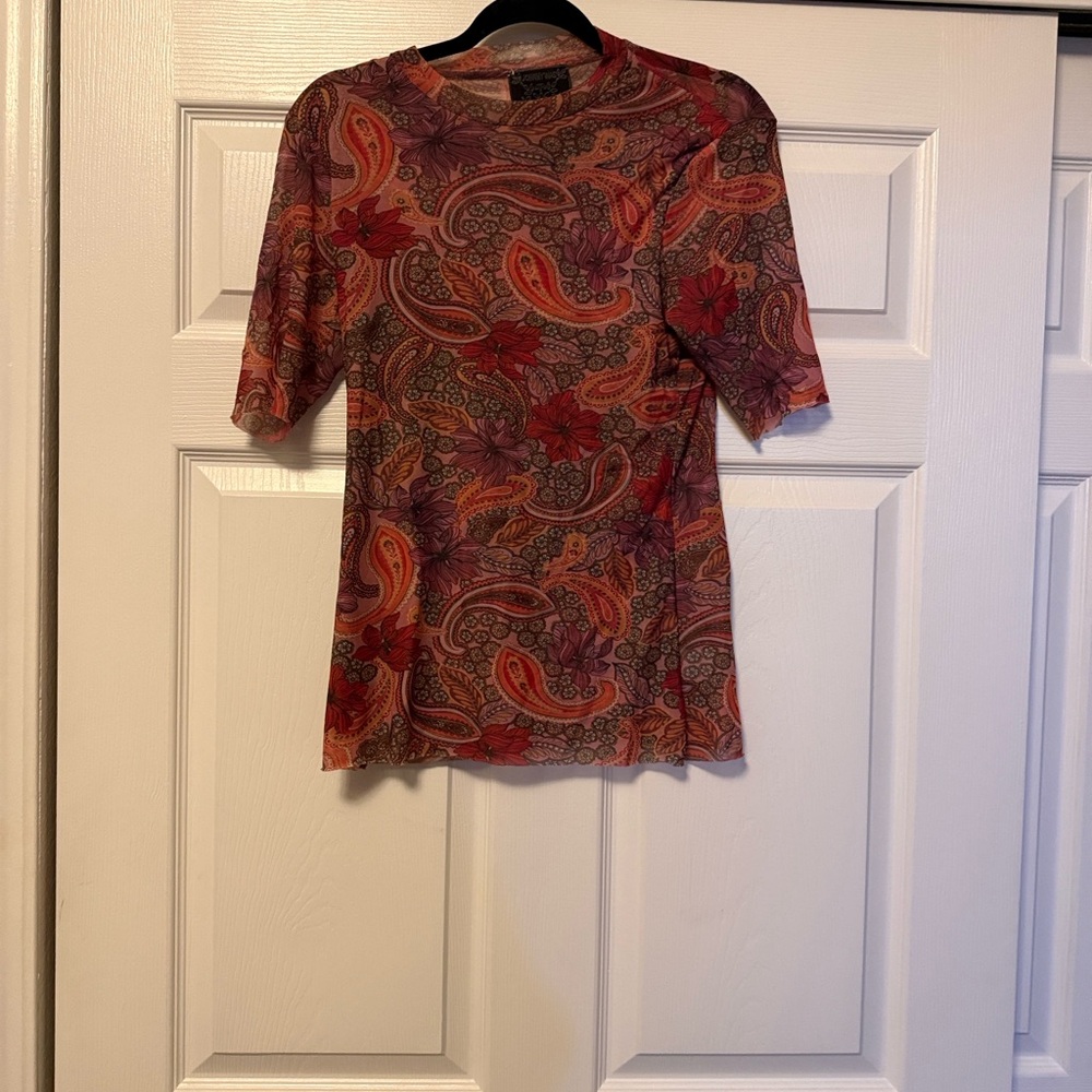 Johnny Was red orange paisley floral mesh top size medium